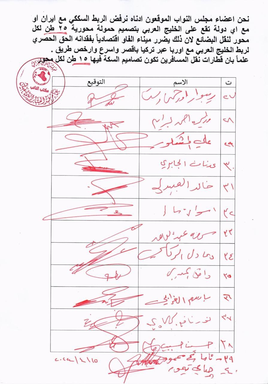 بالوثائق.. تواقيع برلمانية لرفض الربط السككي مع إيران