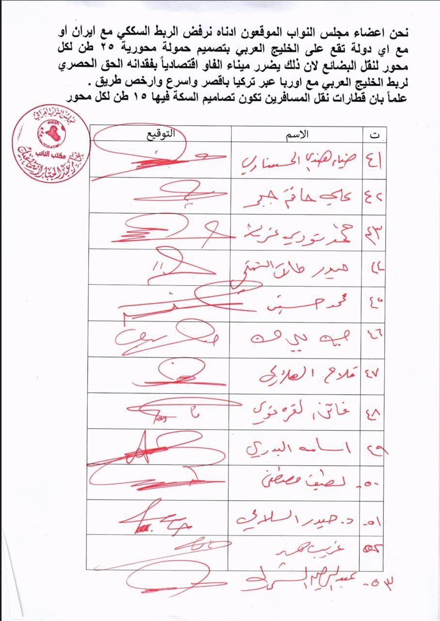 بالوثائق.. تواقيع برلمانية لرفض الربط السككي مع إيران
