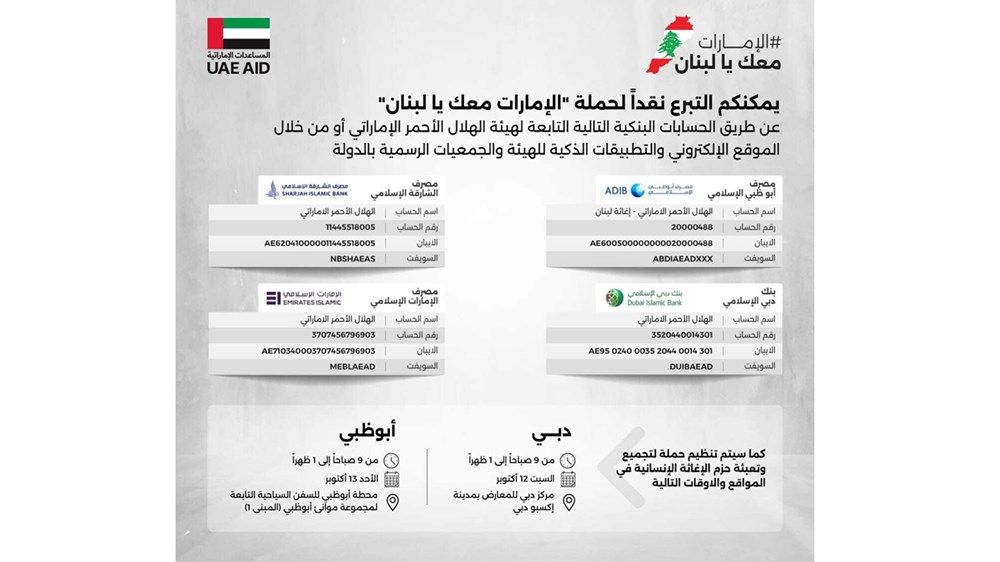 بإشراف مجلس الشؤون الإنسانية الدولية.. حملة «الإمارات معكِ يا لبنان» تبدأ جمع التبرعات غداً