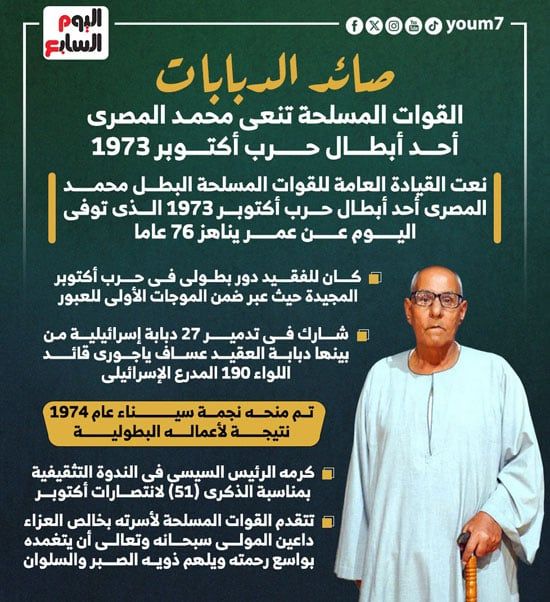 صائد الدبابات.. القوات المسلحة تنعى محمـد المصرى أحد أبطال حرب أكتوبر.. إنفوجراف