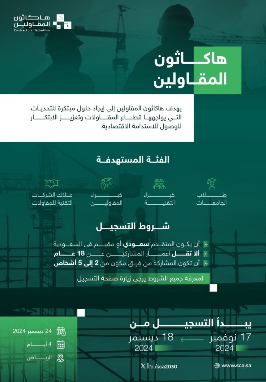 "هيئة المقاولين" تطلق هاكاثون المقاولين لتعزيز الابتكار والاستدامة في القطاع