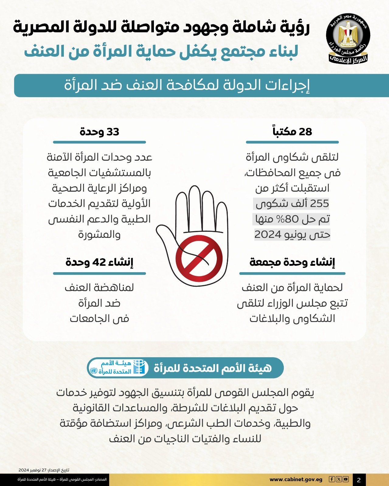 رؤية شاملة وجهود متواصلة للدولة لبناء مجتمع يكفل حماية المرأة من العنف.. إنفو