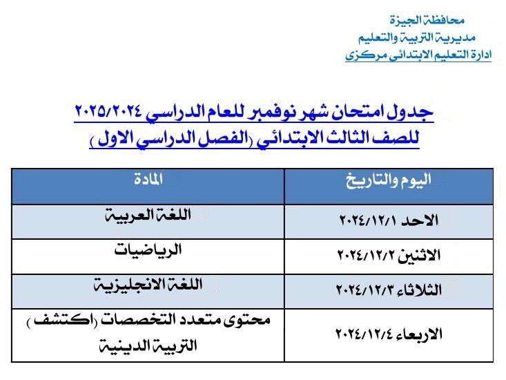 تنطلق الأحد.. جدول امتحان شهر نوفمبر لطلاب المرحلة الابتدائية بالجيزة