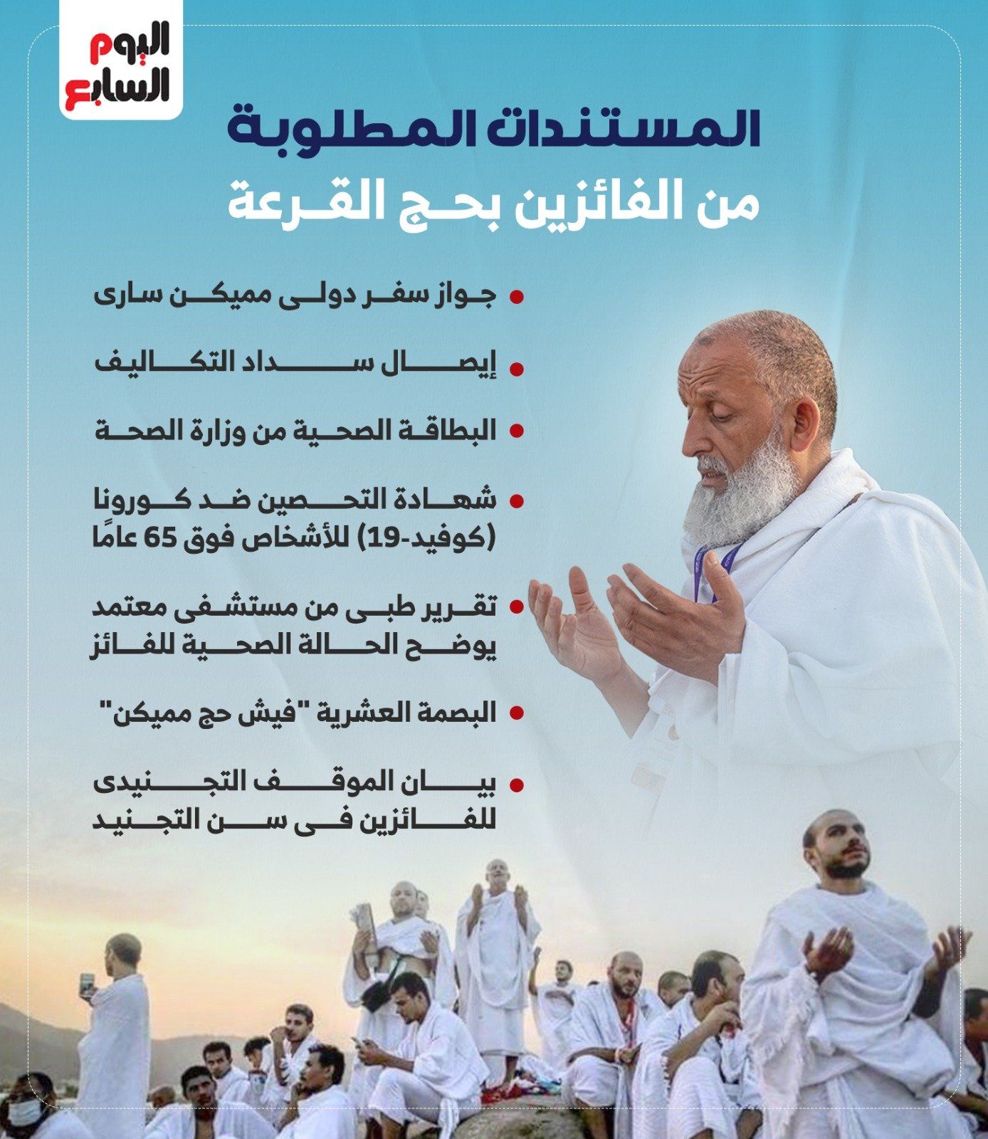 شهادة التحصين وفحص البصمة.. مستندات يحتاجها الفائزين بقرعة الحج (إنفوجراف)