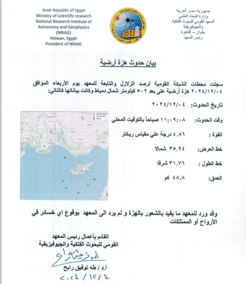 الثاني خلال شهر.. زلزال بقوة 4.86 درجة يضرب مصر