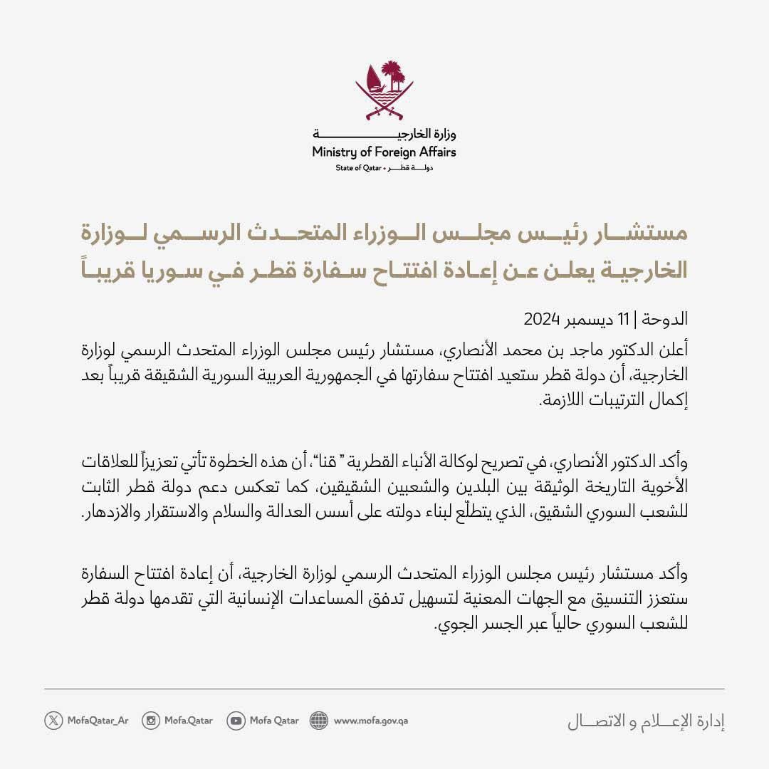 الخليج اليوم .. قطر تعلن إعادة افتتاح سفارتها في سوريا