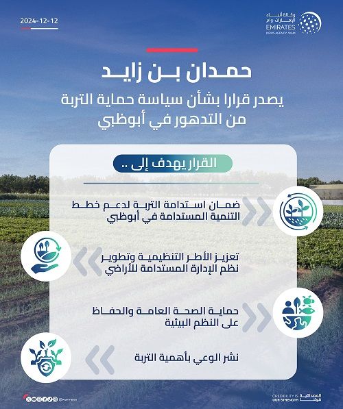 الامارات | حمدان بن زايد يصدر قرارا بشأن إصدار سياسة حماية التربة من التدهور في أبوظبي