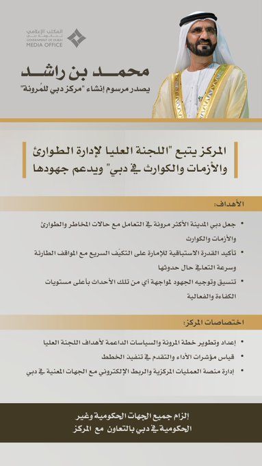 الامارات | محمد بن راشد يصدر مرسوم إنشاء "مركز دبي للمُرونة"