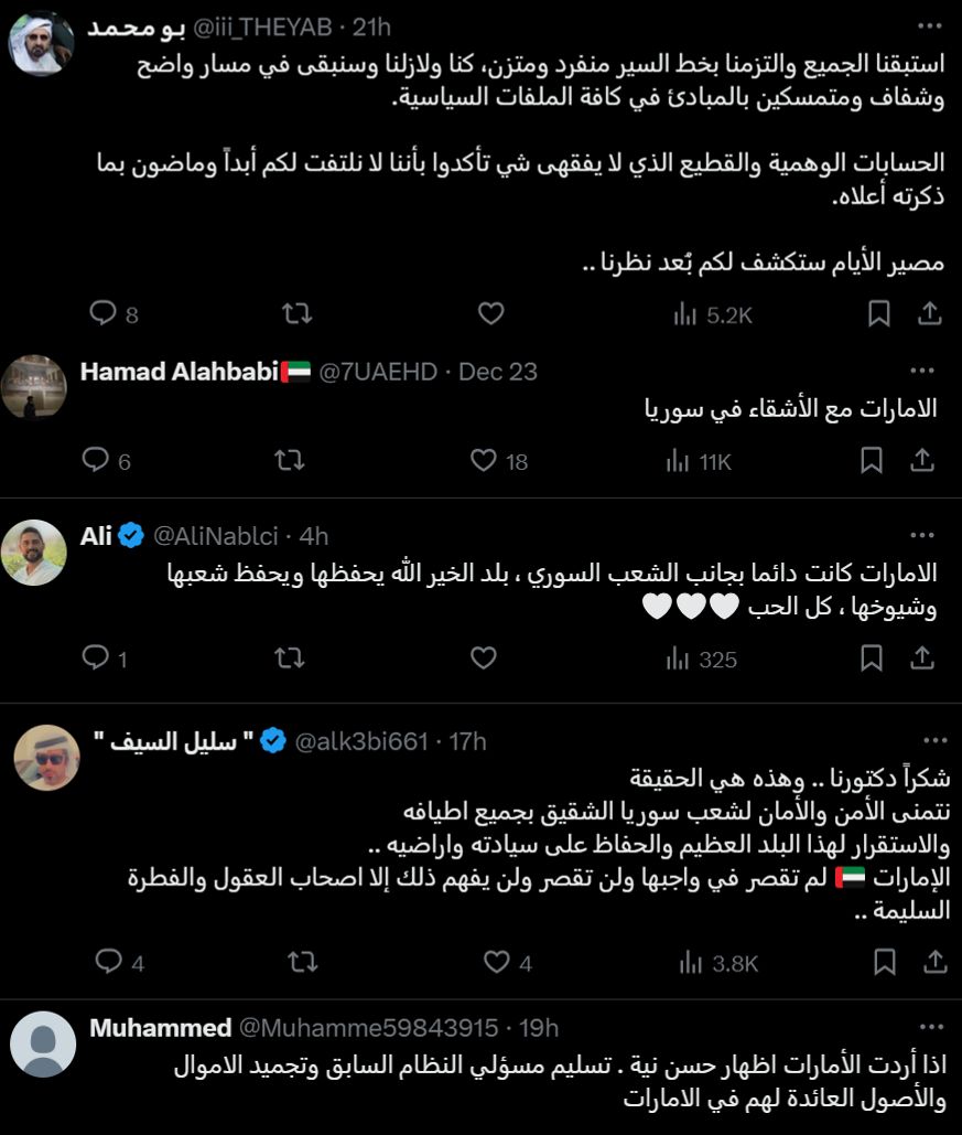 الخليج اليوم .. تغريدة مستشار الرئيس الإماراتي عن موقف أبو ظبي منذ بداية "الثورة السورية" تثير تفاعلا