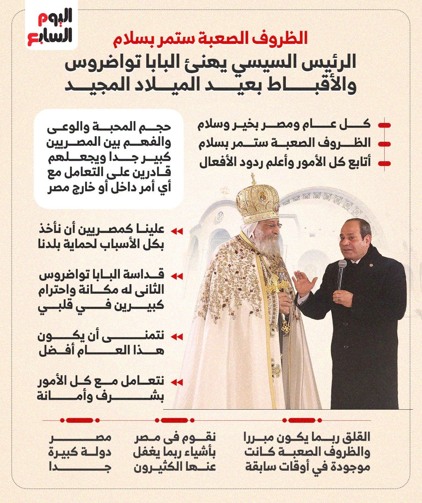 الرئيس السيسي يهنئ البابا تواضروس والأقباط بعيد الميلاد المجيد.. إنفوجراف