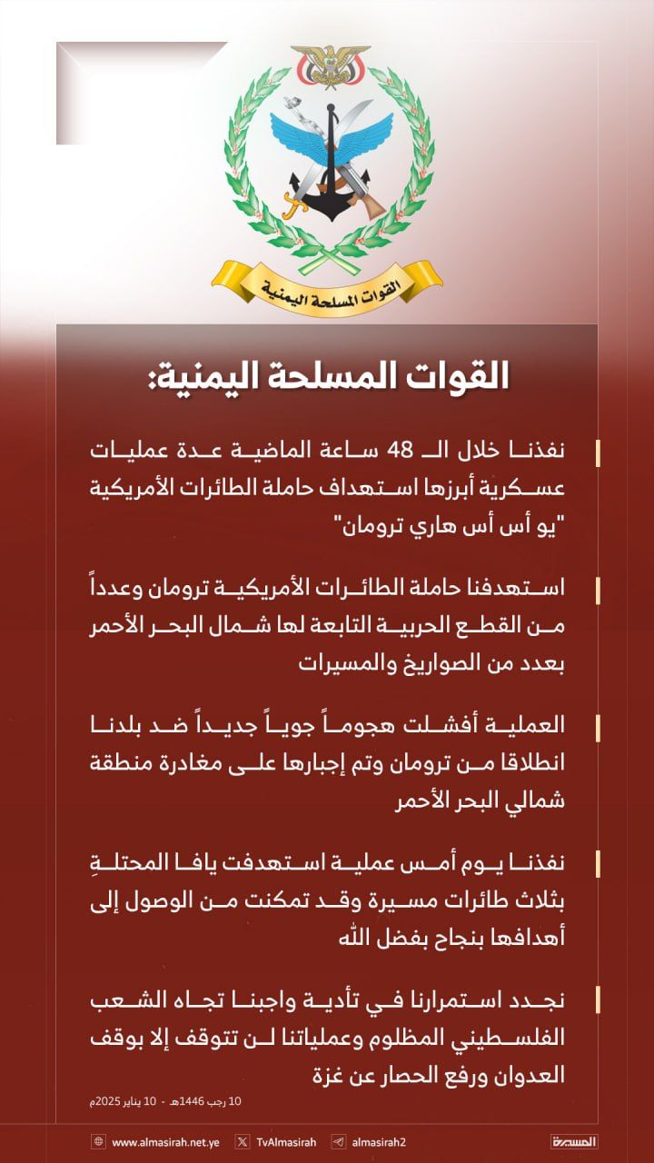 عاجل بعد ساعات من القصف الأمريكي... جماعة الحوثي تصدر بيان عسكري هام "النص"