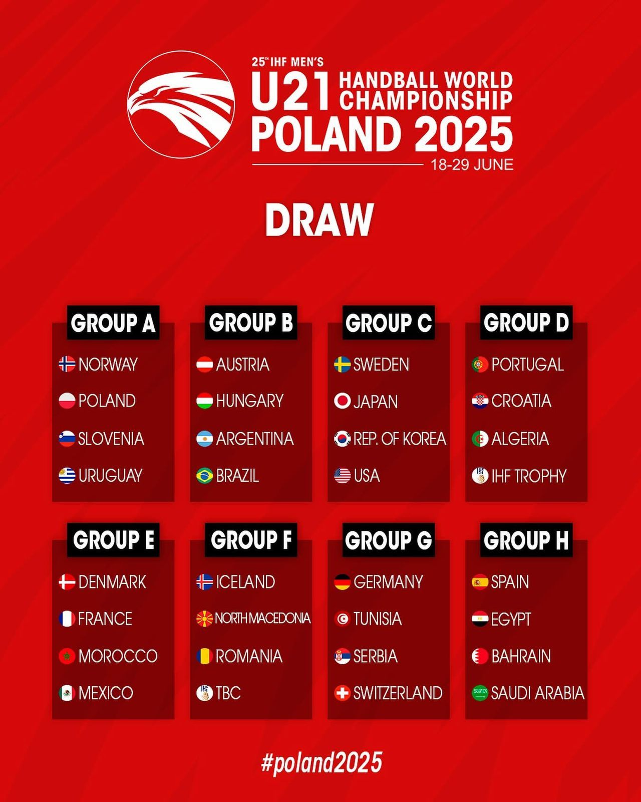 شباب اليد بجانب إسبانبا والبحرين والسعودية ببطولة العالم ببولندا