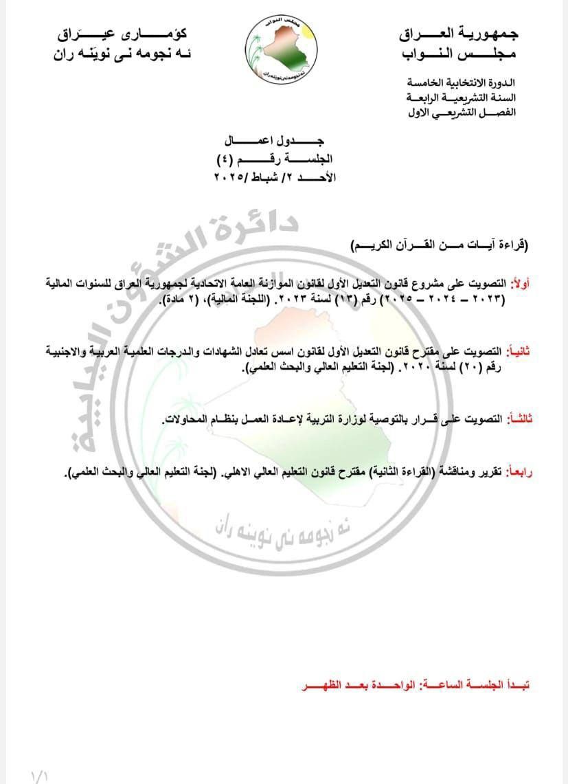 البرلمان ينشر جدول أعمال جلسة الاحد القادم