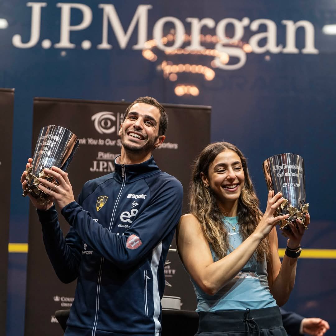 شاهد تتويج على فرج وهانيا الحمامى ببطولة جى بى مورجان للاسكواش