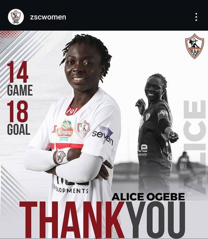 الزمالك يعلن رحيل هدافة الفريق إليس أوجيبي إلي مسار