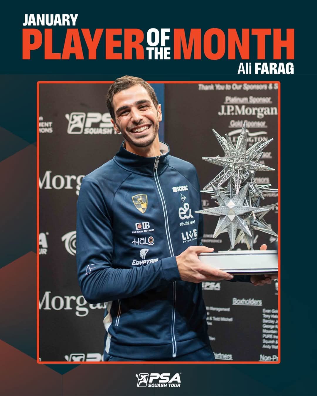 علي فرج وهانيا الحمامي أفضل لاعبان في يناير بعد حصد جي بي مورجان للاسكواش