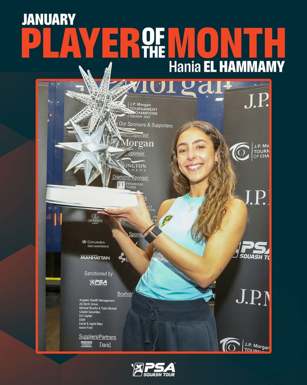 علي فرج وهانيا الحمامي أفضل لاعبان في يناير بعد حصد جي بي مورجان للاسكواش