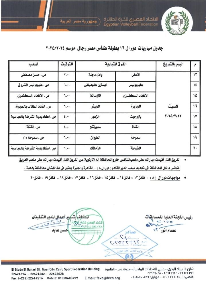 22 فبراير مواجهات دور الـ 16 بكأس مصر لرجال الطائرة
