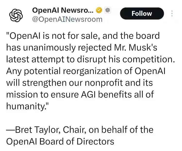 تكنولوجيا: ألتمان VS ماسك: مجلس إدارة Open AI يرفض العرض رسميًا.. ويعلق: "لسنا للبيع"