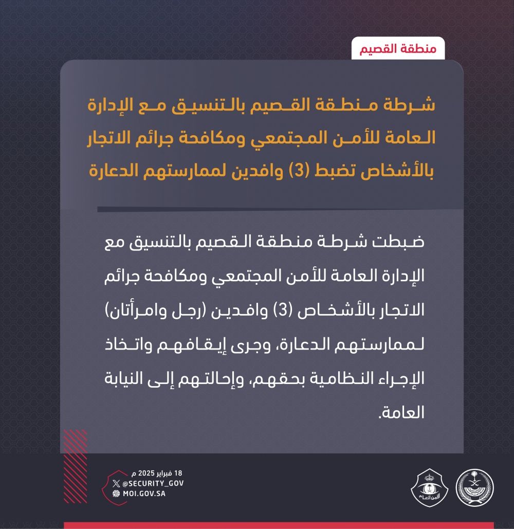 القصيم.. ضبط 3 وافدين لممارستهم الدعارة وإحالتهم للنيابة العامة