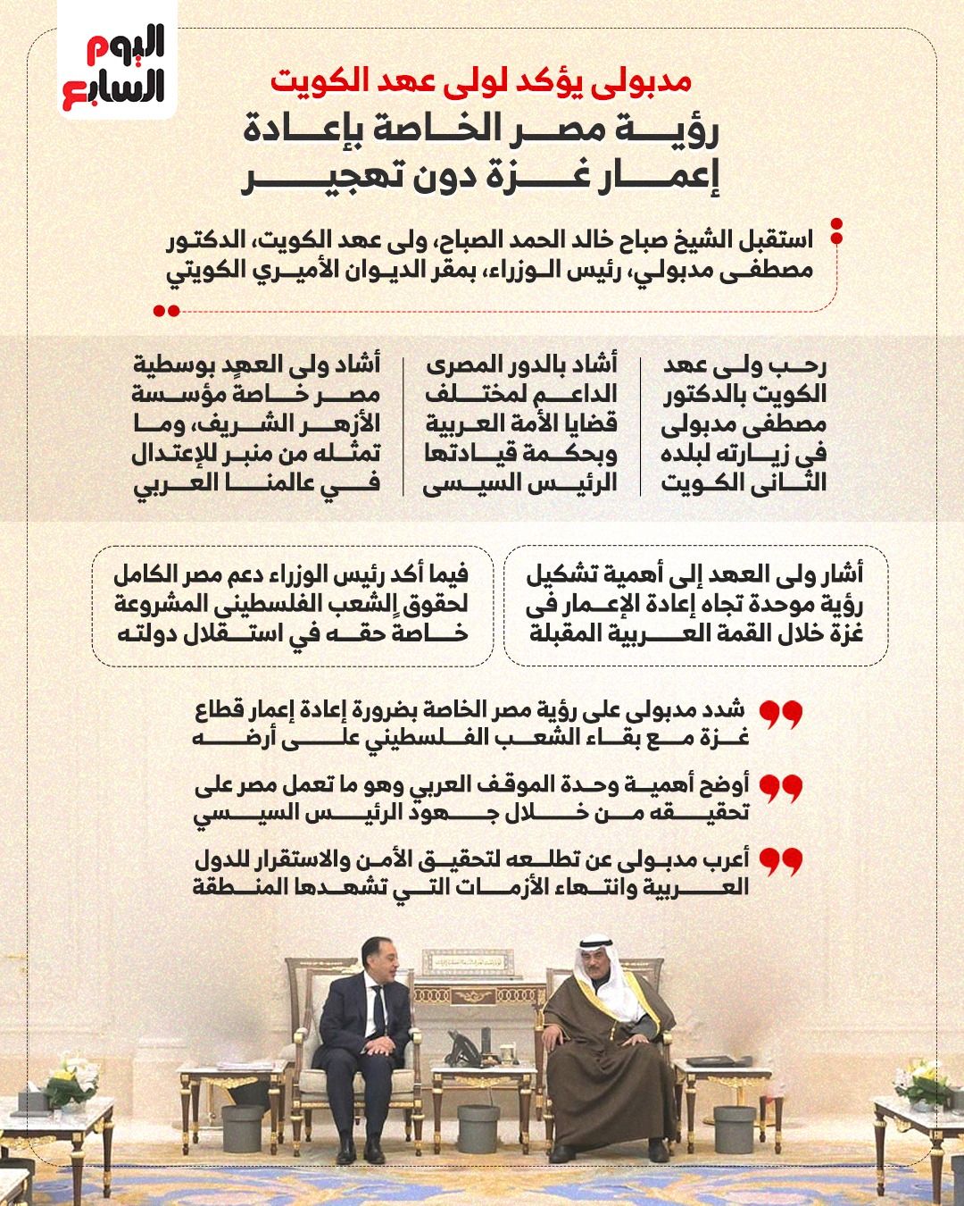 مدبولى يؤكد لولي عهد الكويت دعم مصر الكامل لحقوق الشعب الفلسطيني (إنفوجراف)