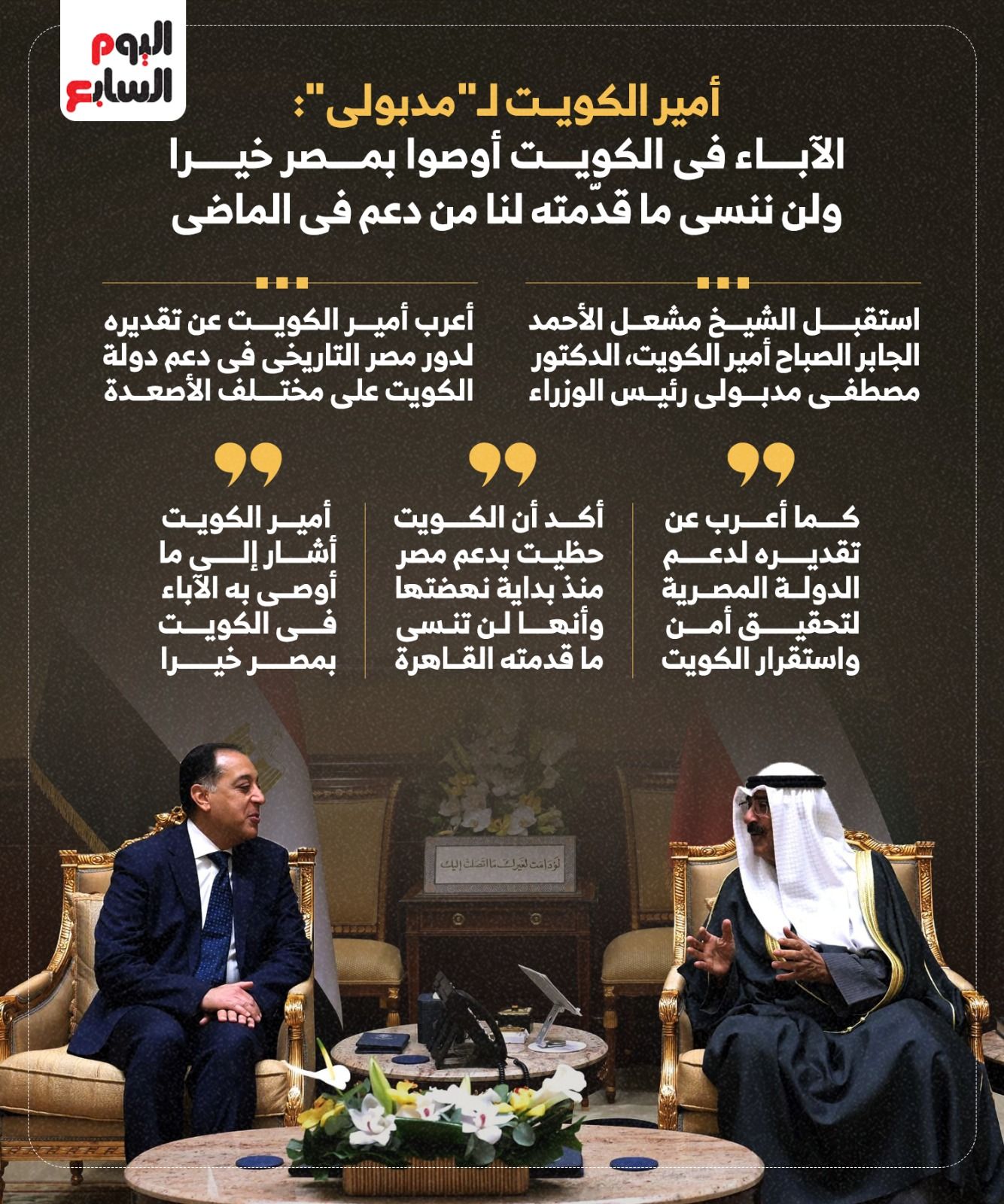 أمير الكويت لـ"مدبولى": الآباء فى الكويت أوصوا بمصر خيرا.. ولن ننسى ما قدمته لنا (إنفوجراف)