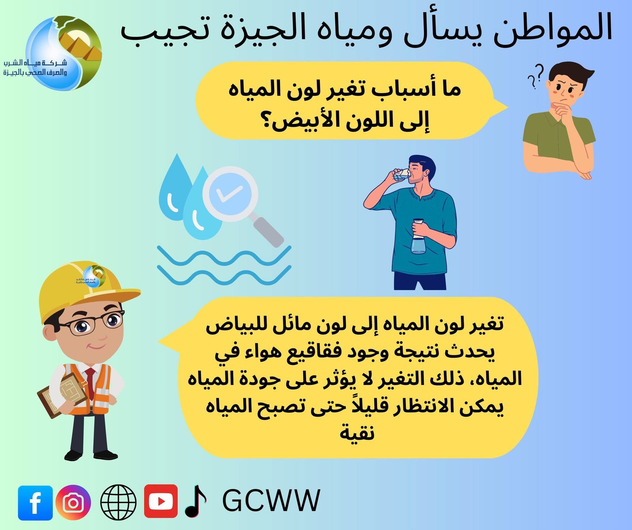 ما أسباب تغير لون المياه إلى اللون الأبيض؟.. شركة الجيزة تجيب