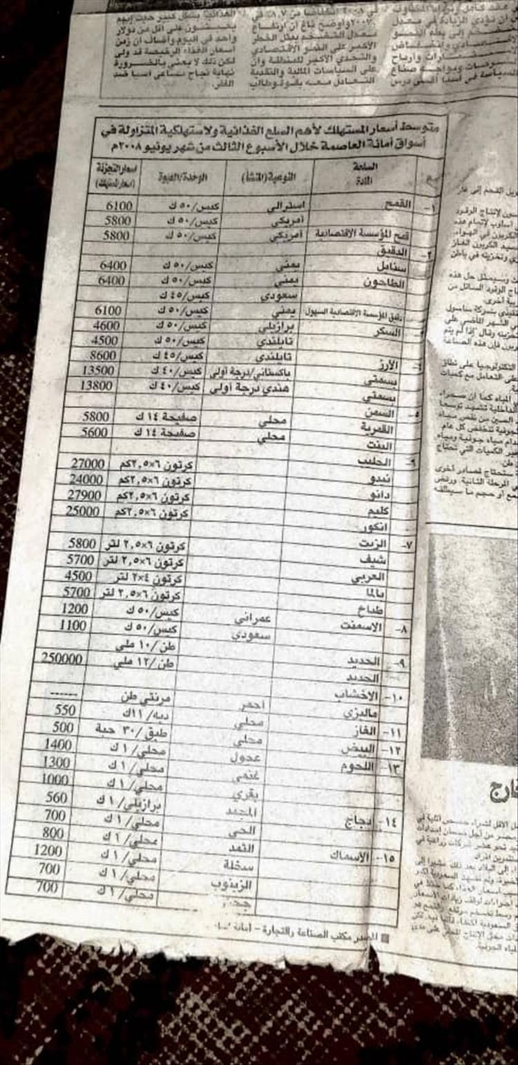قائمة أسعار من 2008 تُظهر الفجوة الاقتصادية في اليمن اليوم "الشعب يحن لعهد صالح"..."صورة"
