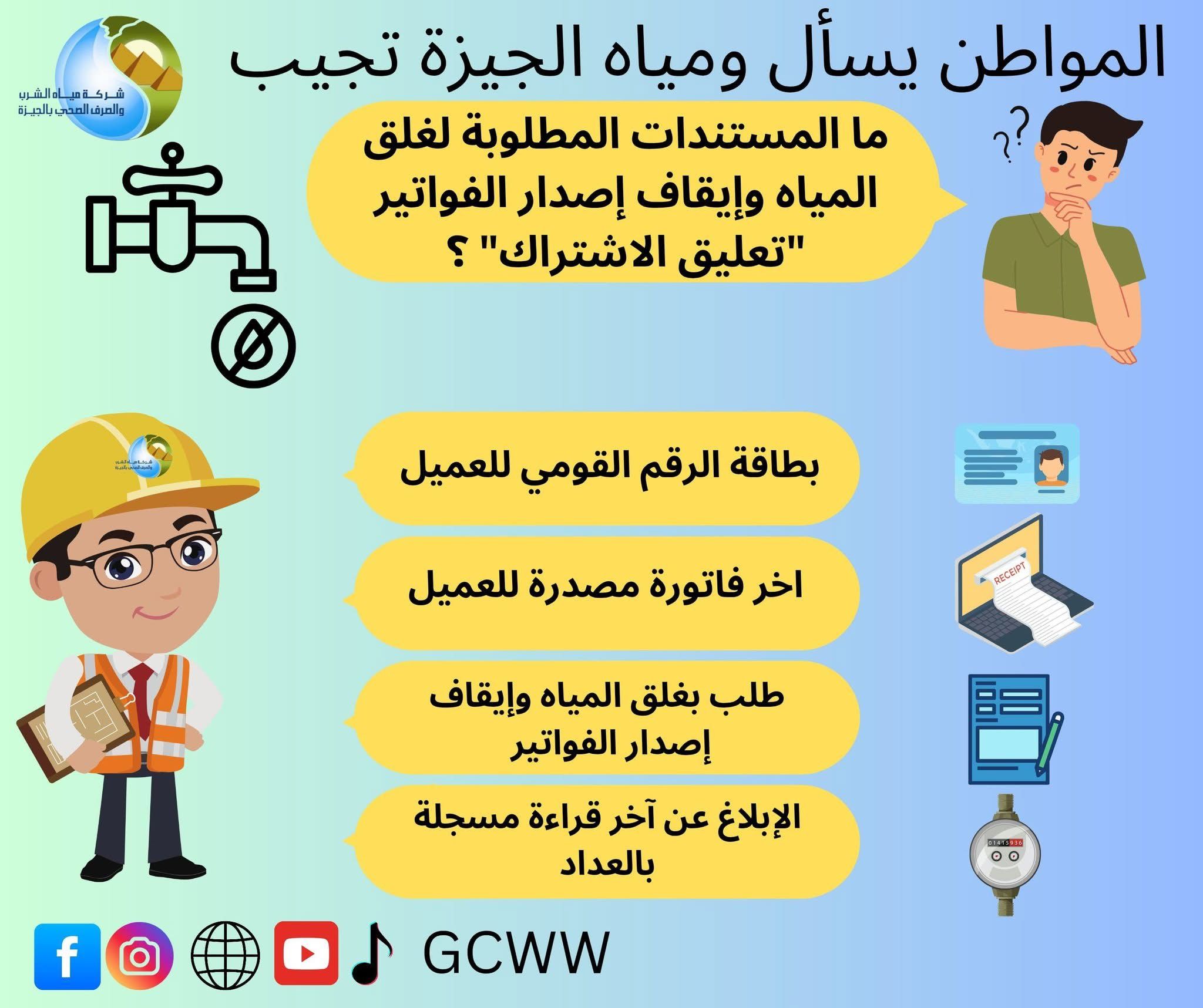 ما المستندات المطلوبة لغلق المياه وإيقاف إصدار الفواتير؟.. شركة الجيزة تجيب