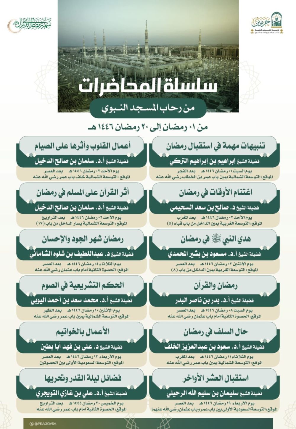 إطلاق سلسلة من المحاضرات العلمية الرمضانية بالمسجد النبوي