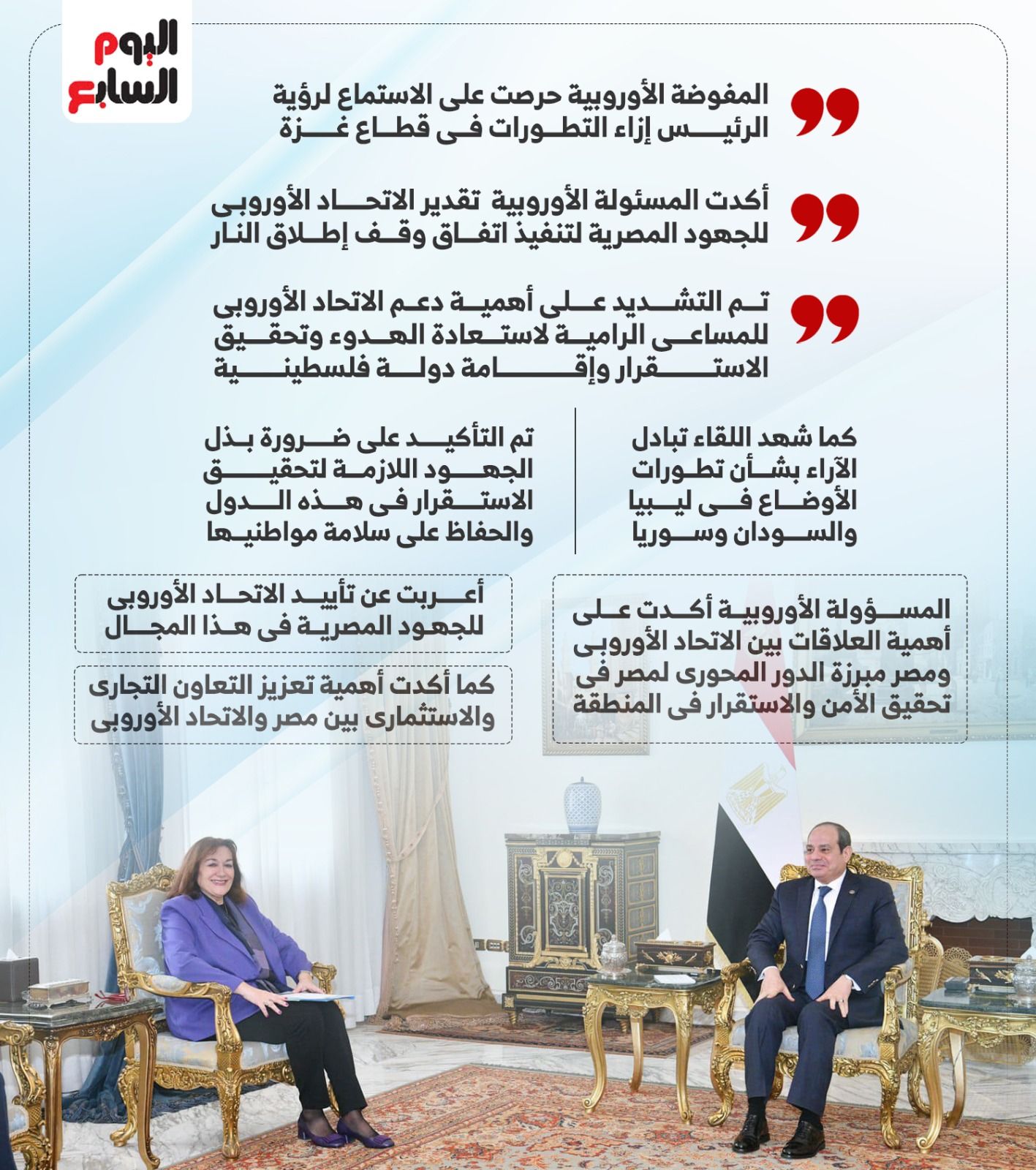 الرئيس السيسى يؤكد أهمية دعم الاتحاد الأوروبى لمساعى تحقيق الاستقرار وإقامة الدولة الفلسطينية (إنفوجراف)