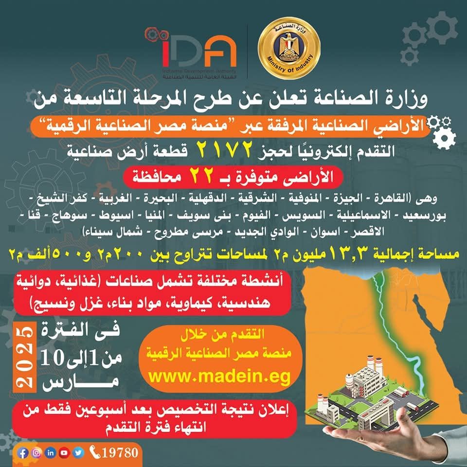 فتح باب التقدم للطرح التاسع للأراضى الصناعية المرفقة.. تفاصيل