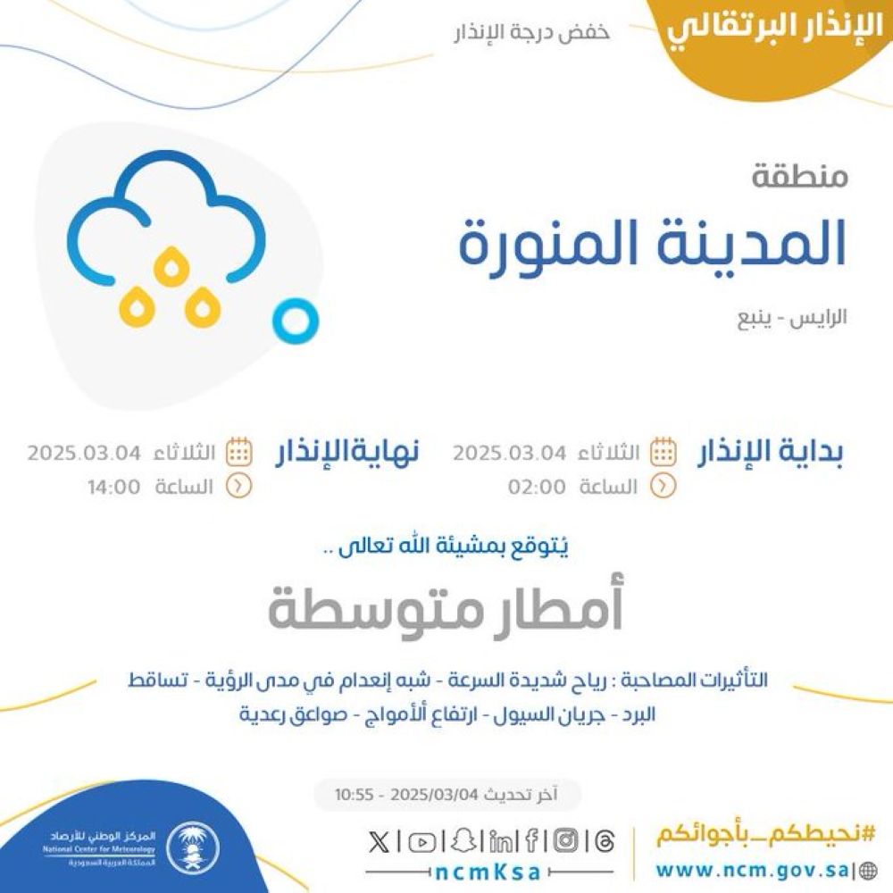 عاجل - إنذار بالأحمر في مكة وآخر برتقالي بالمدينة من أمطار غزيرة ومتوسطة