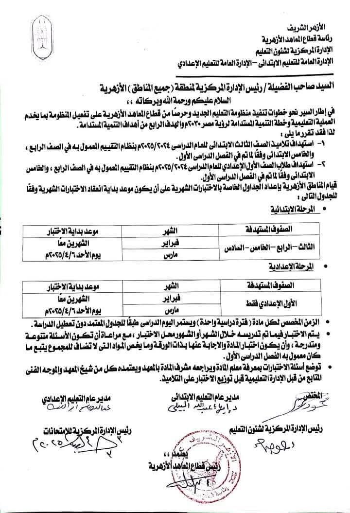 قطاع المعاهد الأزهرية يعلن مواعيد تقييمات صفوف النقل عن فبراير ومارس