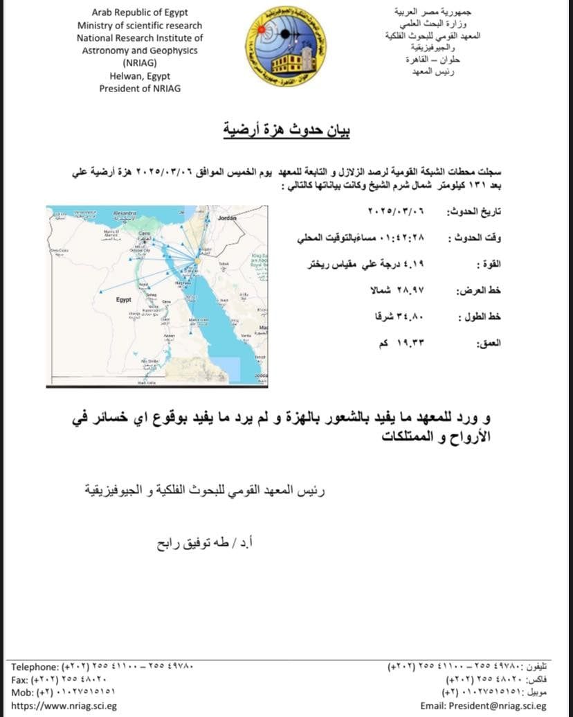 هزة أرضية على بعد 131 كم شمال شرم الشيخ