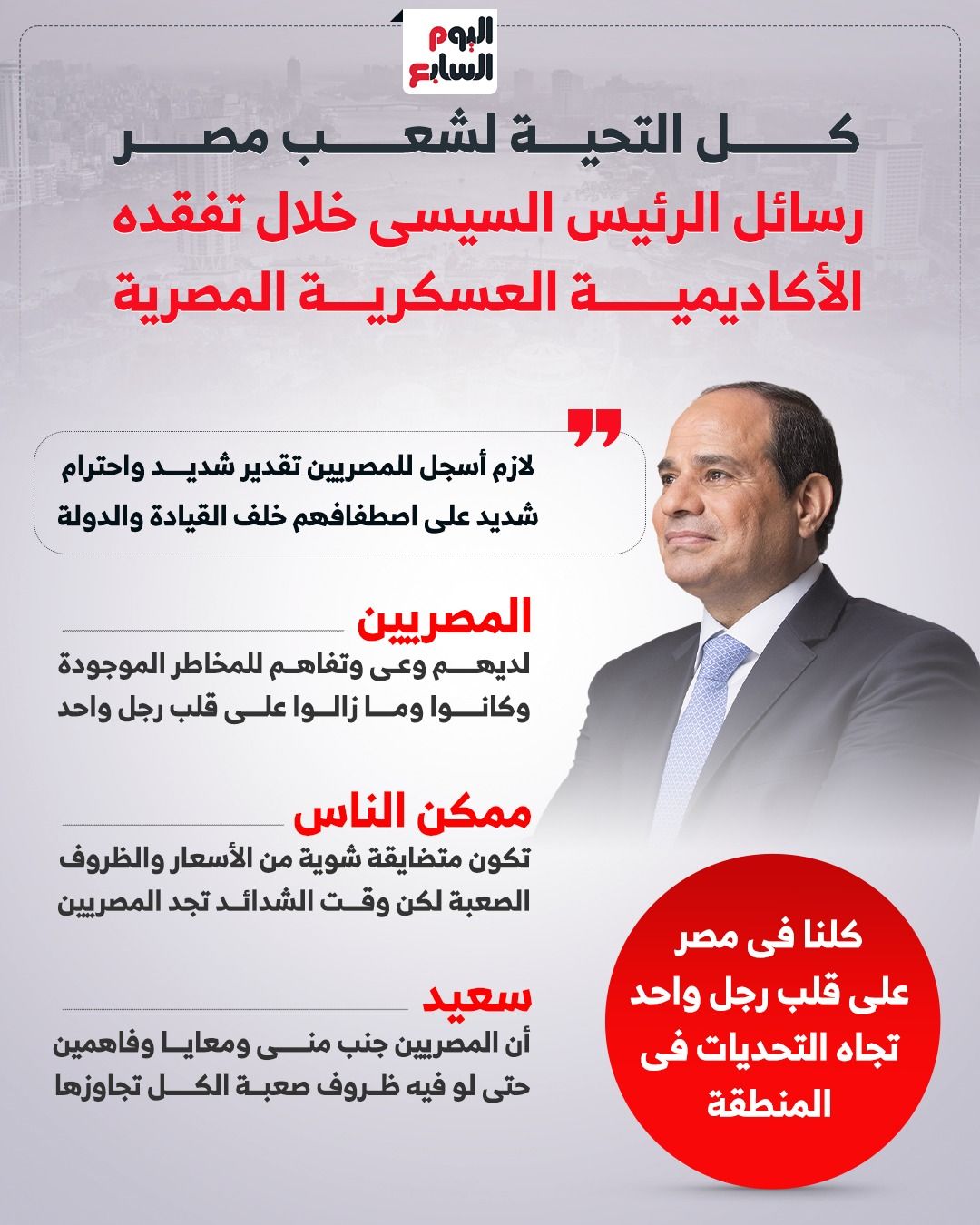 كل التحية لشعب مصر.. رسائل الرئيس السيسى خلال تفقده الأكاديمية العسكرية المصرية (إنفوجراف)