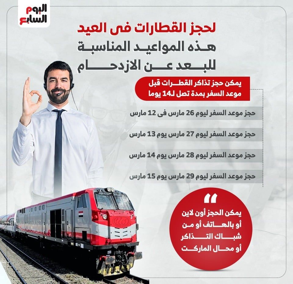 لو مسافر فى العيد.. مواعيد لحجز القطارات والابتعاد عن الازدحام.. إنفوجراف