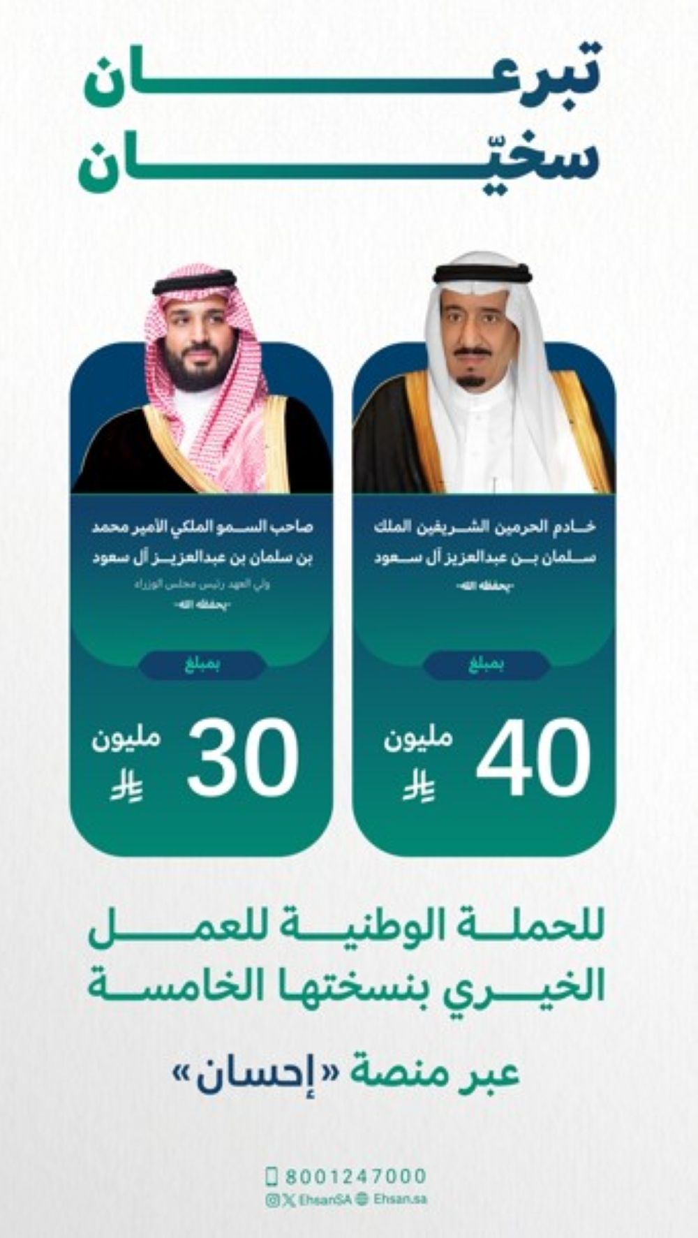 القيادة تقدم تبرعين سخيين للحملة الوطنية للعمل الخيري بـ 70 مليون ريال