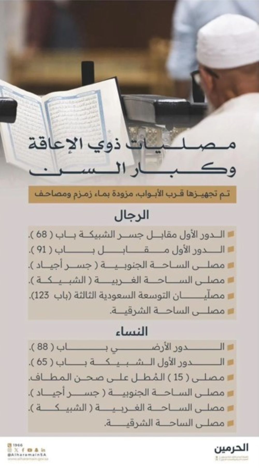 "شؤون الحرمين" توفر مصليات بأحدث الوسائل لذوي الإعاقة وكبار السن
