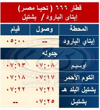 السكة الحديد: توقف قطارات "بشتيل / المناشي / إيتاي البارود" والعكس بالكوم الأحمر