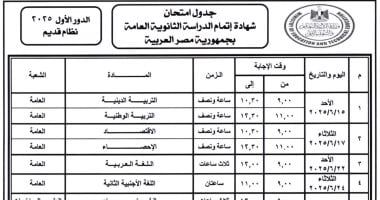 جدول امتحانات الثانوية العامة 2025 لطلاب النظام القديم