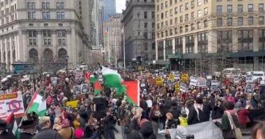 مظاهرة بنيويورك احتجاجا على محاكمة ناشط فلسطينى ندد بالعدوان الإسرائيلى.. فيديو