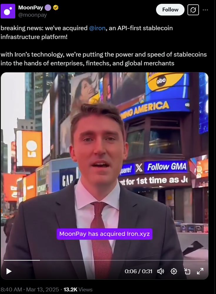 'MoonPay' تستحوذ على منصّة البنية التحتية للعملات المستقرة 'Iron'