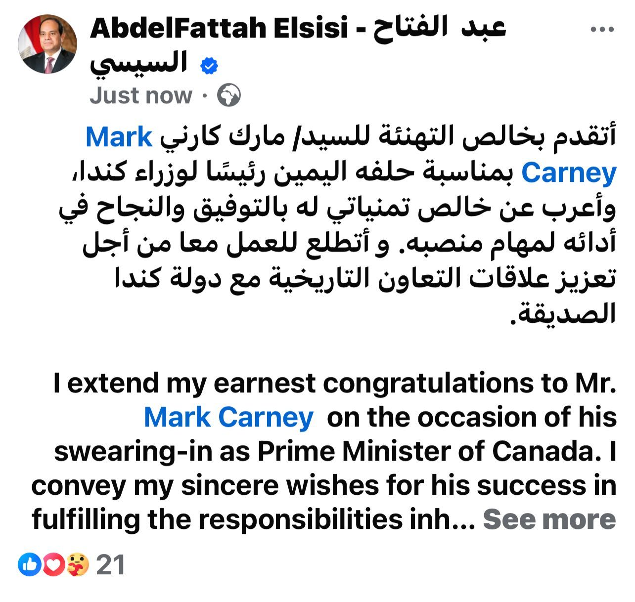 الرئيس السيسى يهنئ "مارك كارني" بمناسبة حلفه اليمين رئيسًا لوزراء كندا
