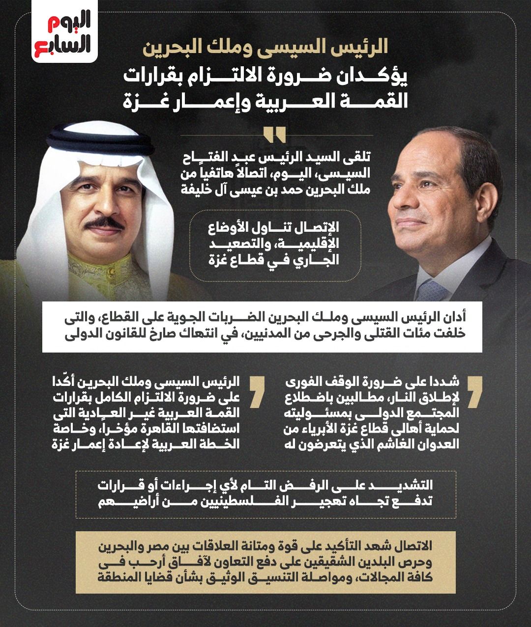 الرئيس السيسي وملك البحرين يؤكدان ضرورة الالتزام بقرارات القمة العربية (إنفوجراف)