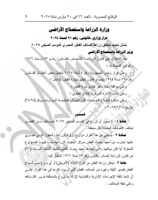 قرار حكومي بحظر زراعة القطن الأمريكى والأنواع قصيرة التيلة