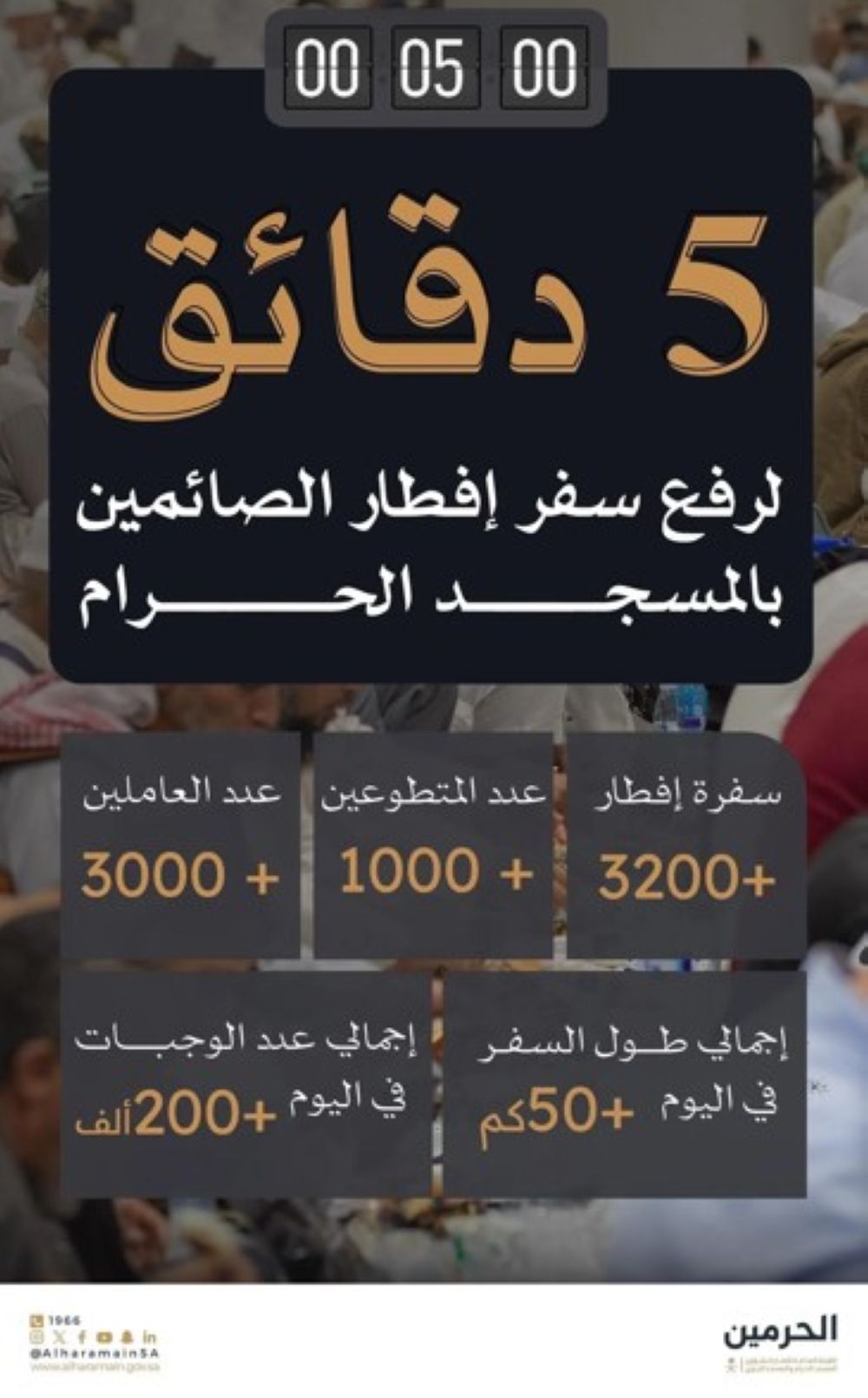 بطول 50 كم.. 200 ألف وجبة إفطار للصائمين بالمسجد الحرام يوميًا