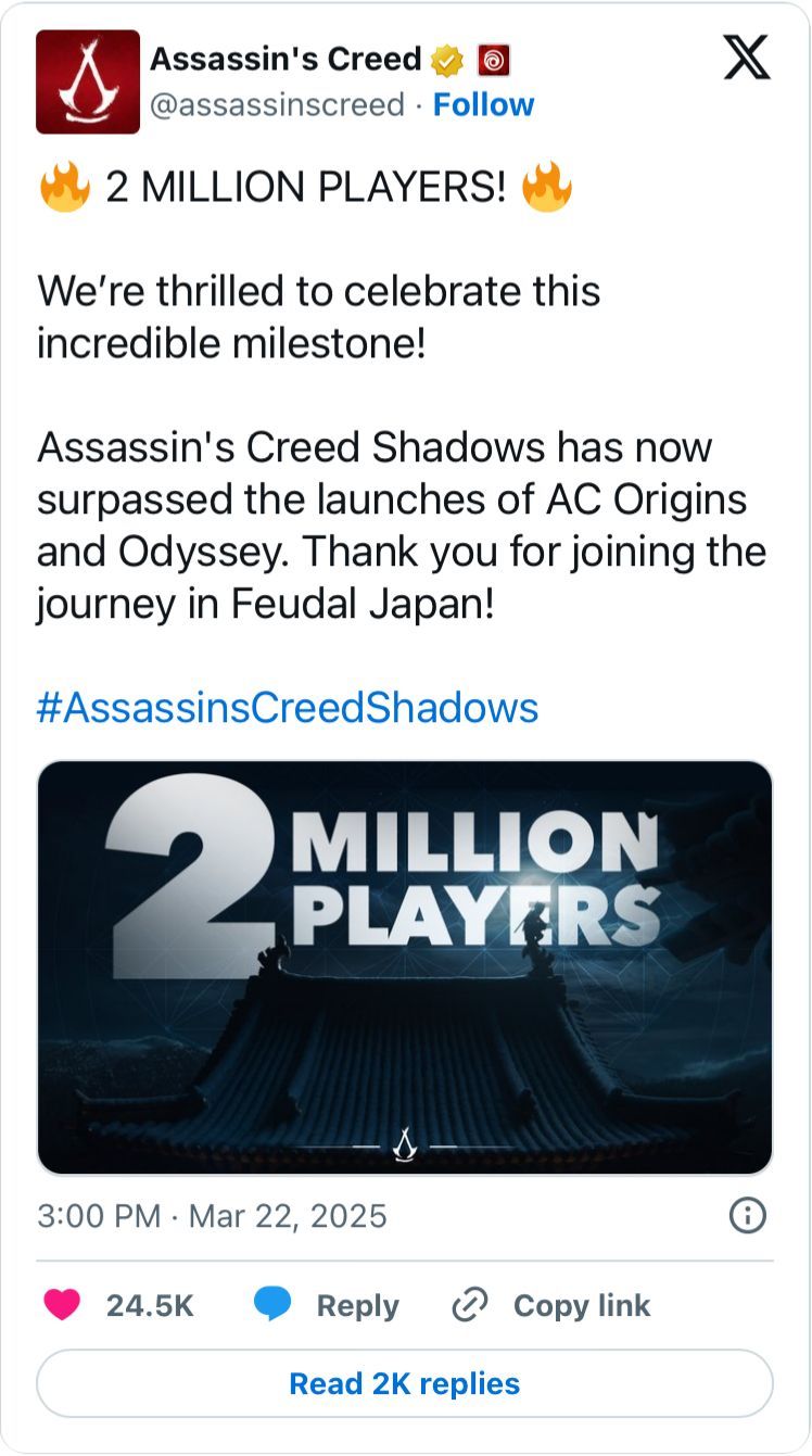 تكنولوجيا: لعبة Assassin’s Creed Shadows تتجاوز مليوني لاعب خلال يومين