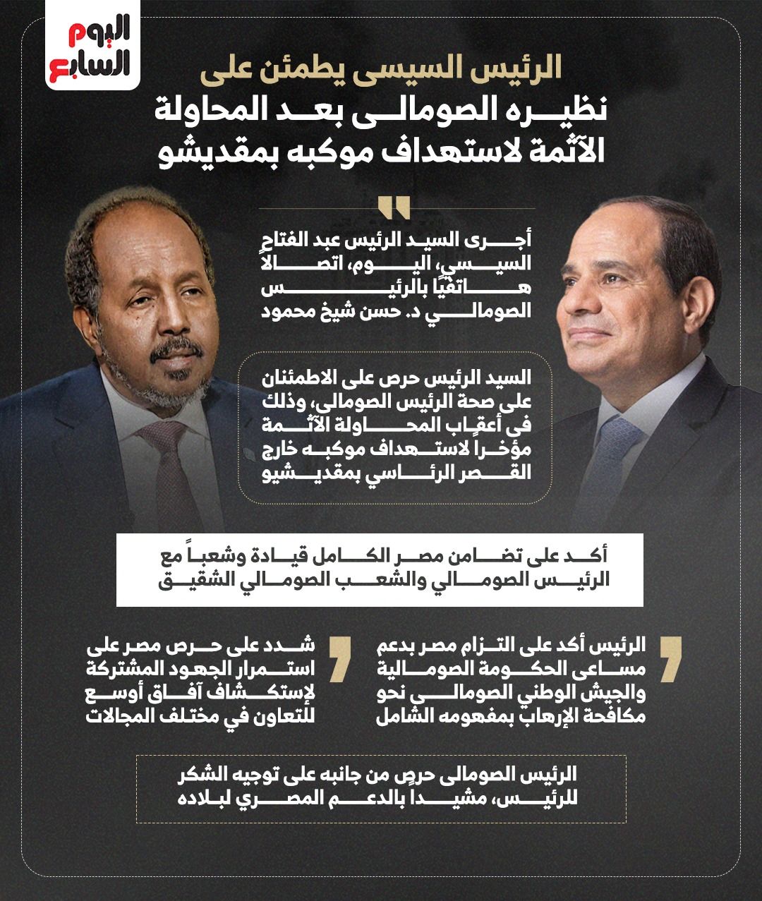 الرئيس السيسي يطمئن على نظيره الصومالى بعد محاولة استهداف موكبه (إنفوجراف)