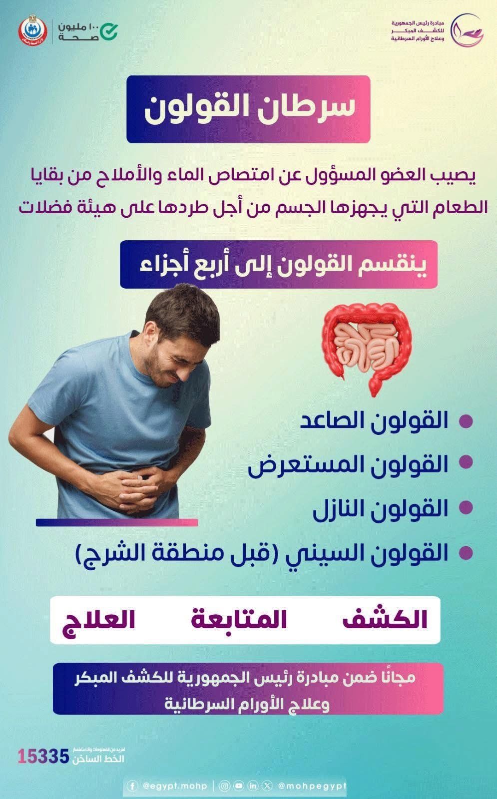 وزارة الصحة تكشف معلومات مهمة عن سرطان القولون (إنفوجراف)